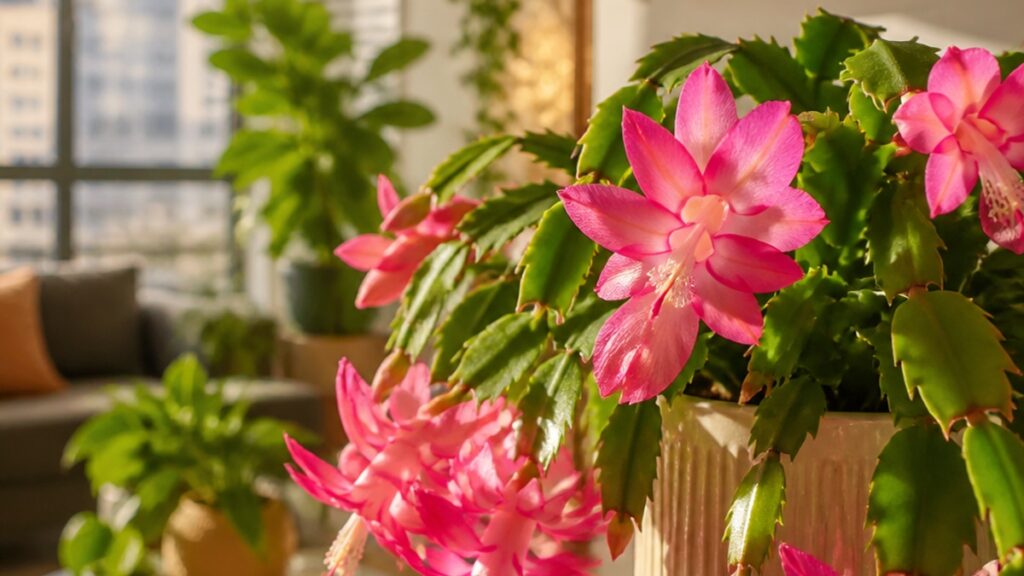 Flor de Maio em um apartamento iluminado, com outras plantas ao fundo.