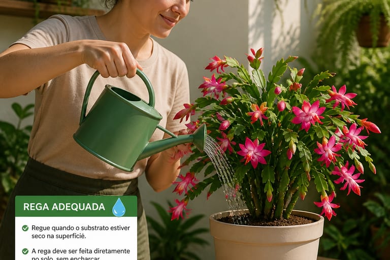 Uma pessoa rega uma flor de maio com um regador.