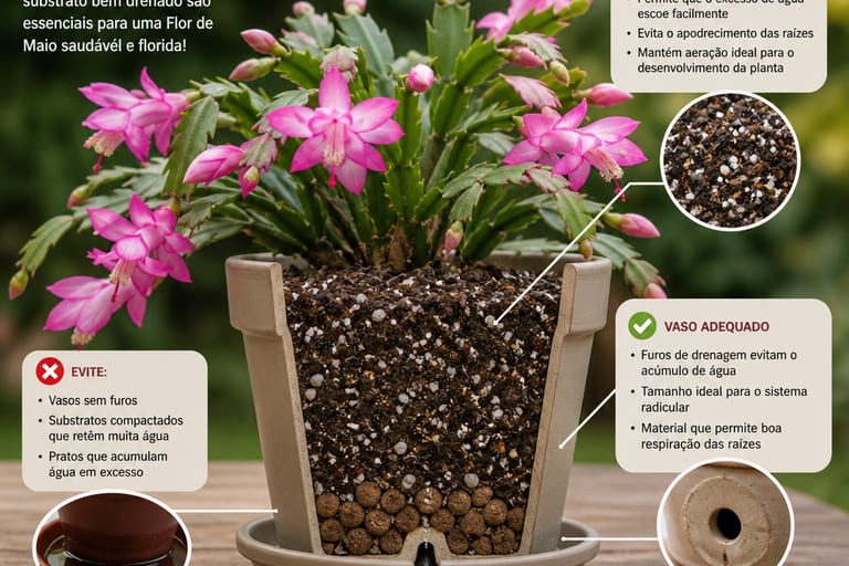 Vaso de flor de maio com substrato bem drenado.