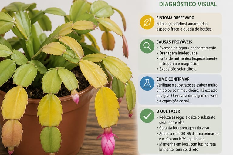 Imagem de uma flor de maio com folhas amareladas, indicando problemas de saúde.