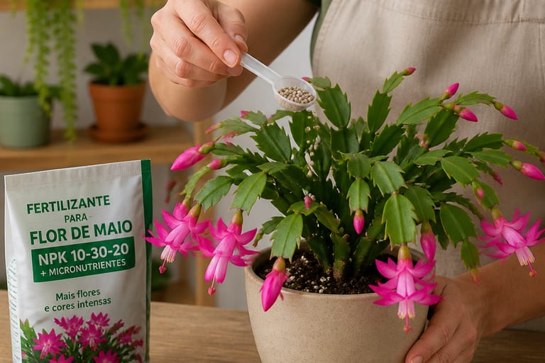 Uma pessoa aplica fertilizante na flor de maio.