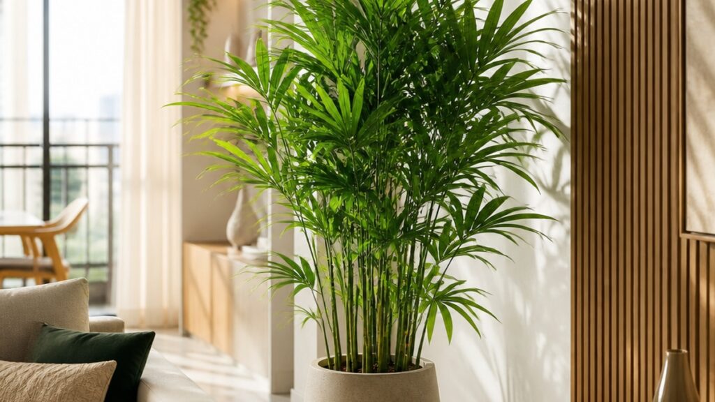 Palmeira Rafis em um apartamento bem decorado, com folhagem verde.