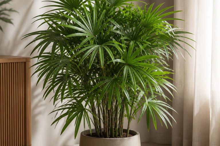 Palmeira Rafis com folhas verdes em luz indireta.