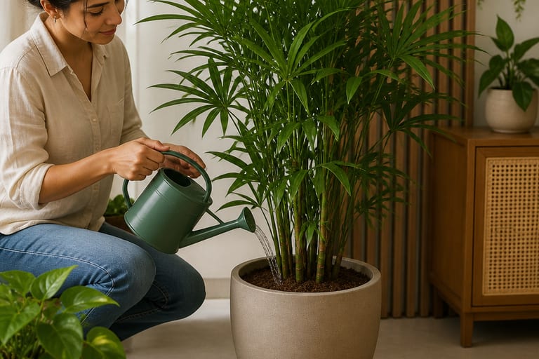 Uma pessoa usa um regador para molhar uma palmeira rafis em ambiente interno.