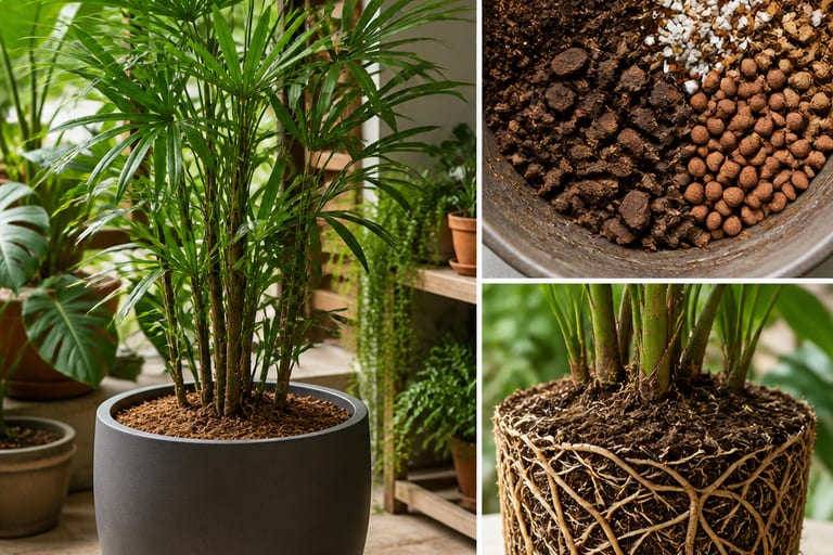 Vaso com substrato e raízes saudáveis da palmeira Rafis.