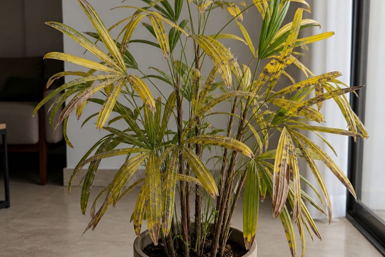 Palmeira rafis com folhas amareladas e pragas visíveis.