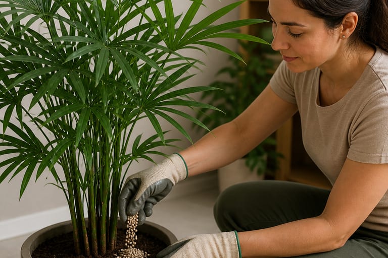 Uma pessoa aplica fertilizante em uma palmeira rafis em ambiente interno.