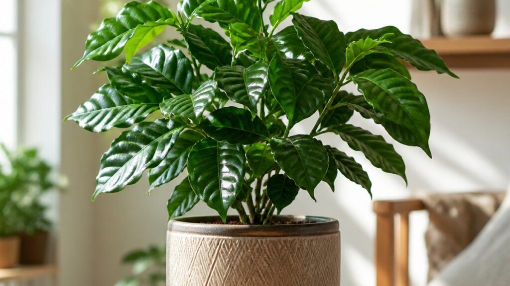 Imagem de uma planta de café com folhas verdes em um vaso decorativo, iluminada de forma natural.