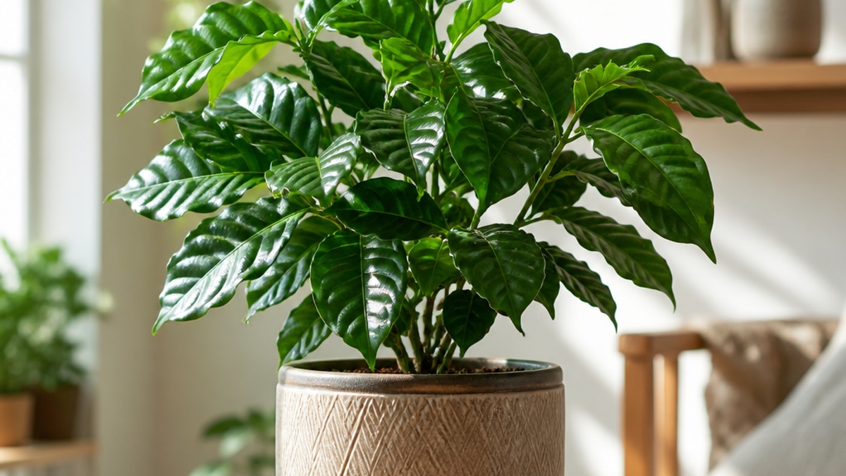 Imagem de uma planta de café com folhas verdes em um vaso decorativo, iluminada de forma natural.