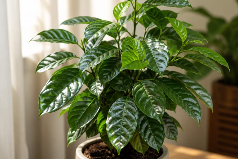 Planta de café com folhas verdes saudáveis em ambiente iluminado.