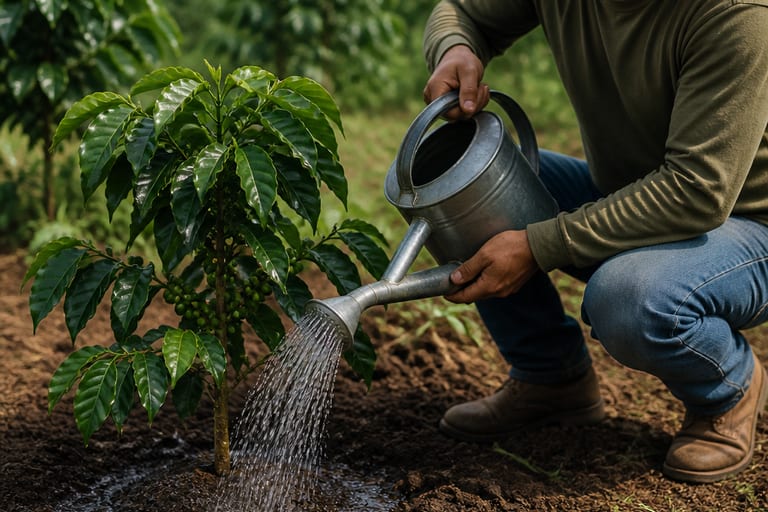 Imagem de uma planta de café sendo regada com um regador.