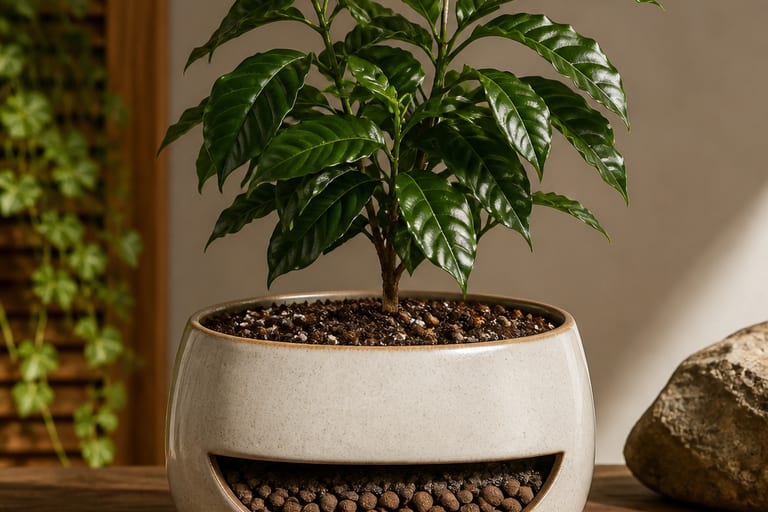 Vaso de cerâmica elegante com planta café saudável, mostrando o substrato e a drenagem.