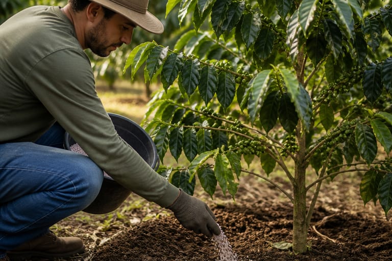 Imagem de fertilizante sendo aplicado em uma planta de café.