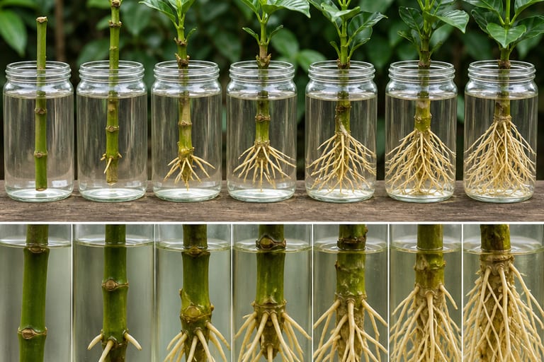 Estacas de planta café sendo propagadas em água, mostrando raízes em desenvolvimento.