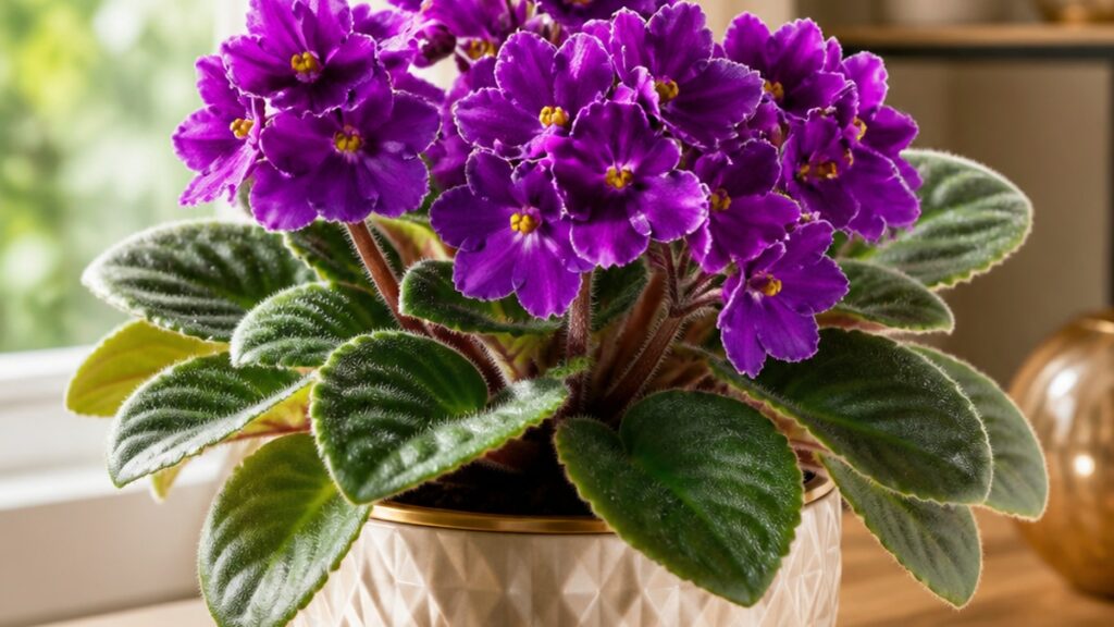 Violeta africana em vaso decorativo, com flores roxas e folhas verdes.
