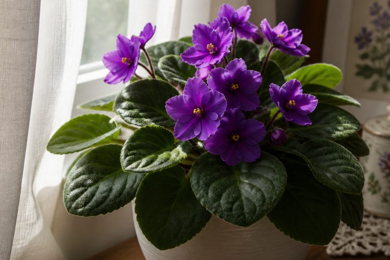 Violeta africana com folhas verdes e flores coloridas perto de uma janela.