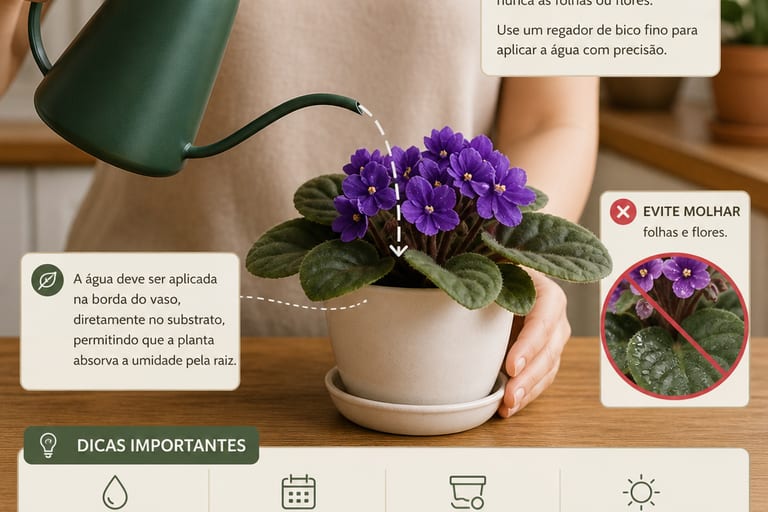Uma pessoa utiliza um regador de bico fino para irrigar uma violeta africana.