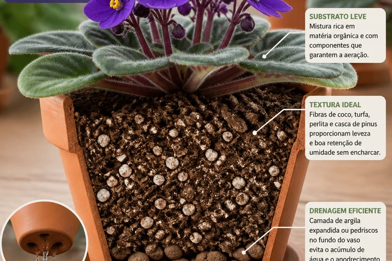 Vaso de violeta africana com substrato leve e bem drenado.