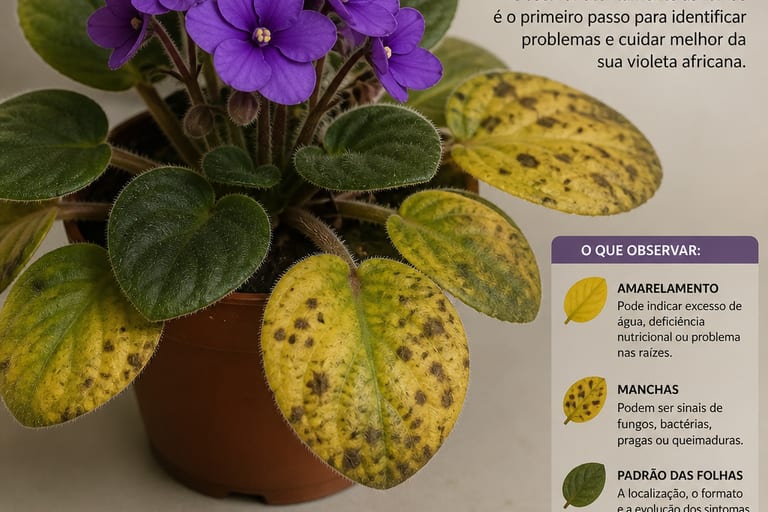 Uma violeta africana com folhas amareladas e manchas.