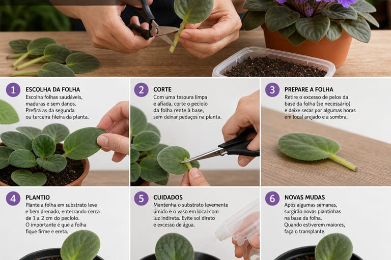 Imagem mostra o processo de fazer mudas de violetas africanas com cortes de folhas sendo plantados em um vaso.