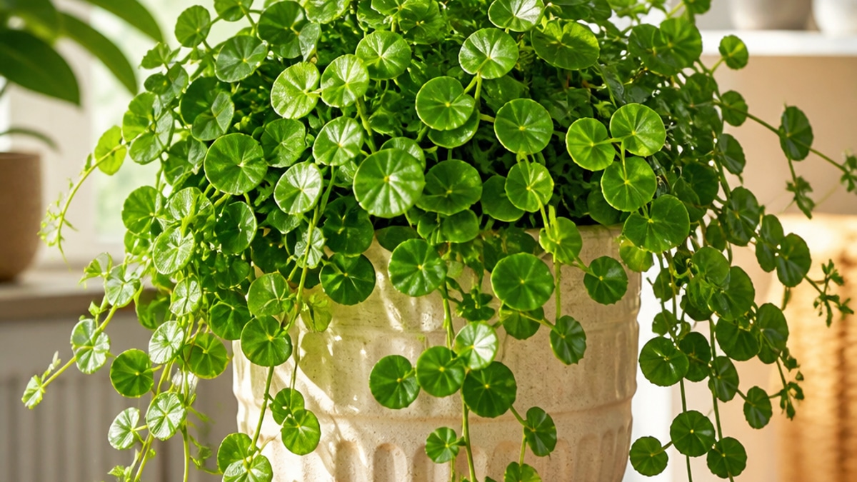 Imagem de uma planta dinheiro em penca em vaso decorativo, com folhagem verde e saudável em um ambiente bem iluminado.