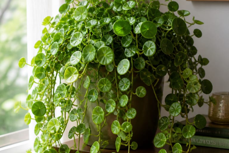 Planta dinheiro em penca com folhagem verde, posicionada perto de uma janela.