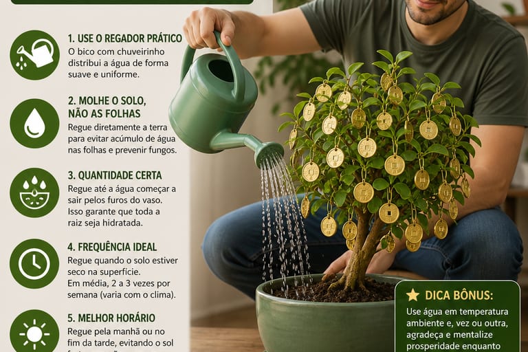 Imagem de uma planta dinheiro em penca sendo regada com um regador prático.