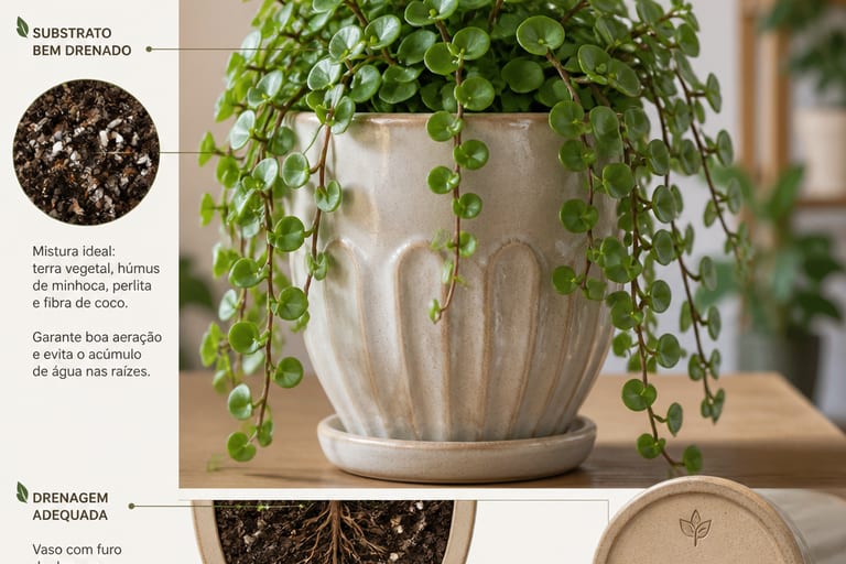 Vaso de cerâmica elegante com planta dinheiro em penca, mostrando substrato bem drenado e sistema de drenagem.