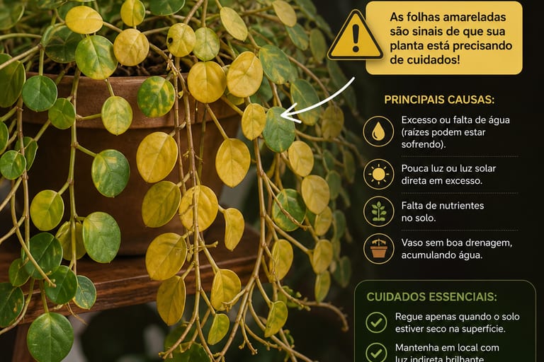 Planta dinheiro em penca com folhas amareladas, indicando necessidade de cuidados.