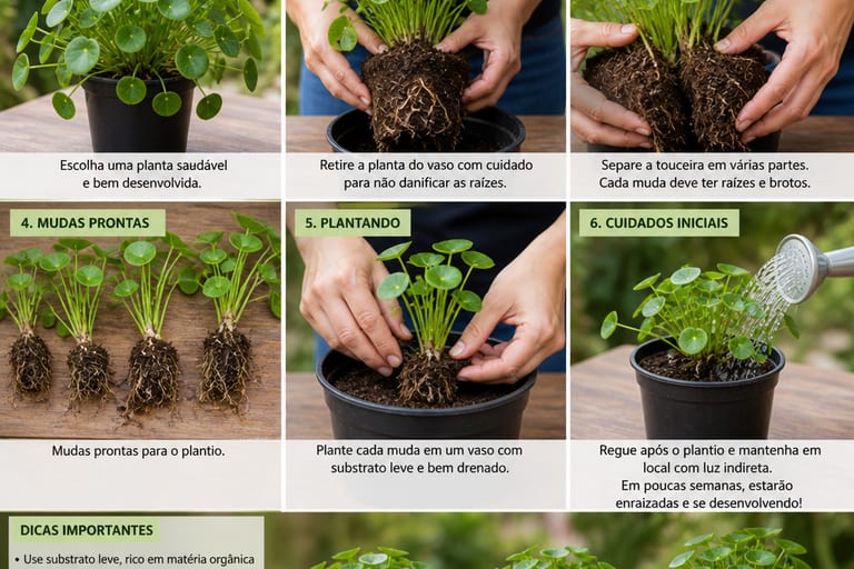 Imagem mostra o processo de divisão e plantio de mudas da planta dinheiro em penca.