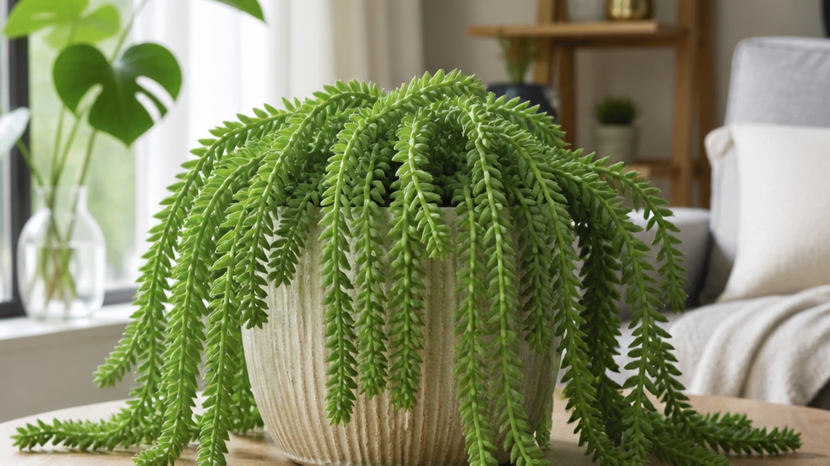Imagem de uma planta Rabo-de-Burro em vaso decorativo, iluminada por luz natural suave.