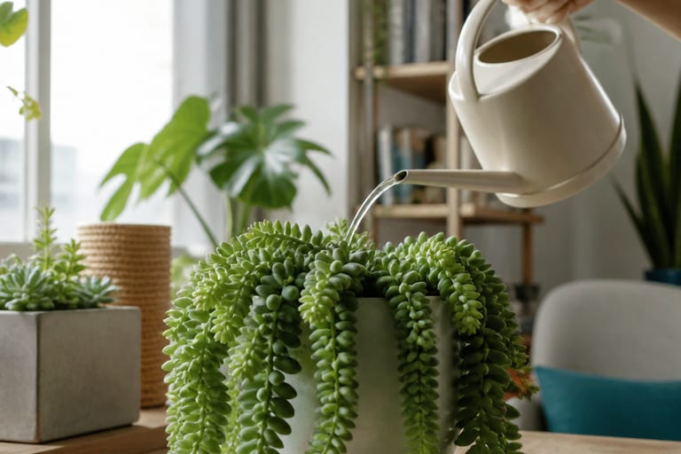 Imagem de uma planta Rabo-de-Burro em ambiente interno, com luz natural suave.
