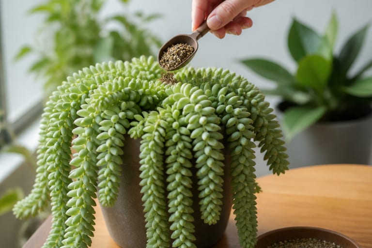 Imagem de um Rabo-de-Burro em ambiente de apartamento, com luz natural suave, destacando a adubação.