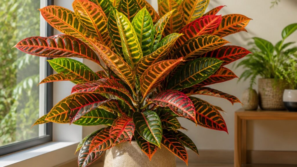 Imagem de um croton com folhas coloridas em ambiente iluminado.