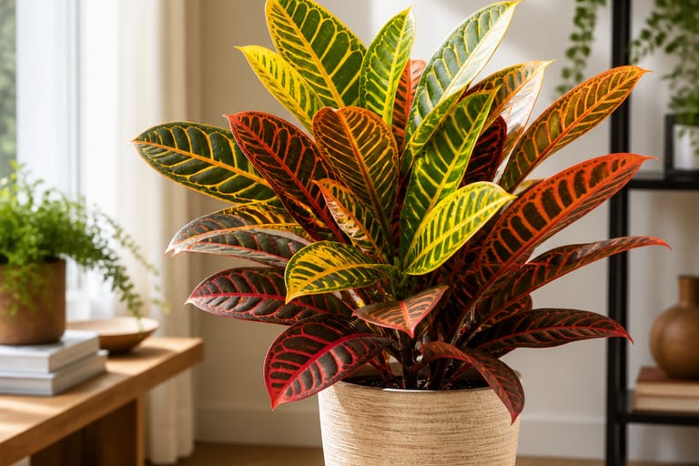 Um croton com folhas coloridas em um ambiente bem iluminado.