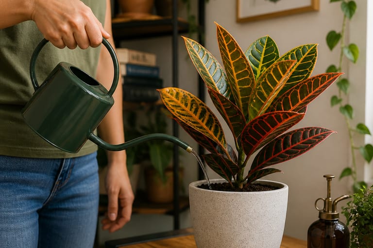 Uma pessoa rega um croton com um regador de bico fino.