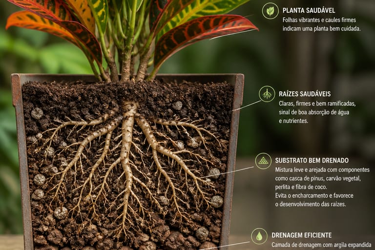 Vaso de croton com substrato drenado e raízes visíveis.