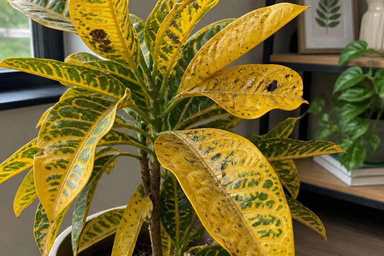 Croton com folhas amareladas e pragas visíveis.