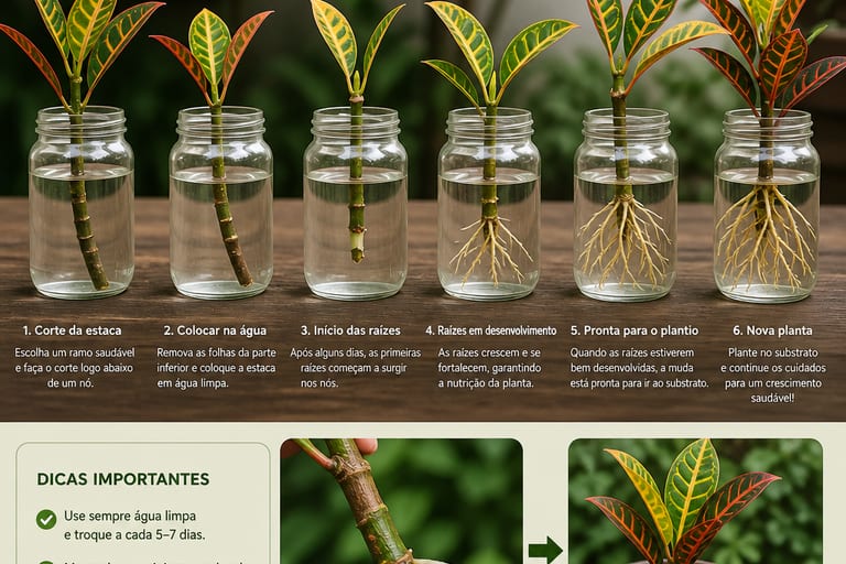 Estacas de croton em água, mostrando o processo de propagação.