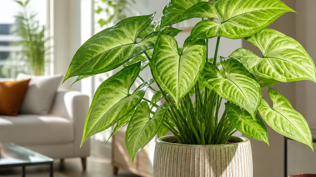 Singônio com folhas verdes em vaso decorativo.