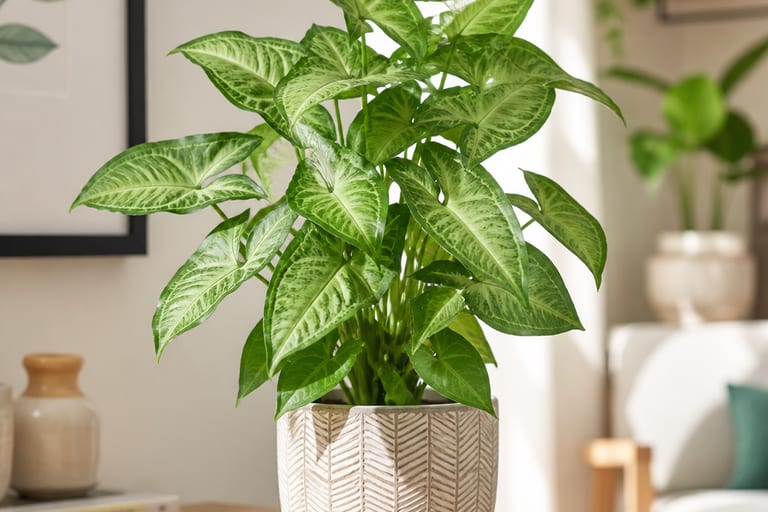 Singônio com folhas verdes em vaso decorativo, recebendo luz indireta.