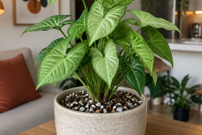 Um vaso de cerâmica com um singônio saudável em um apartamento.