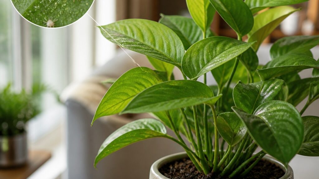 Imagem de uma planta em vaso decorativo com folhas saudáveis, evidenciando ácaros e aranha-vermelha.