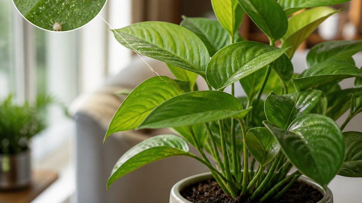 Imagem de uma planta em vaso decorativo com folhas saudáveis, evidenciando ácaros e aranha-vermelha.