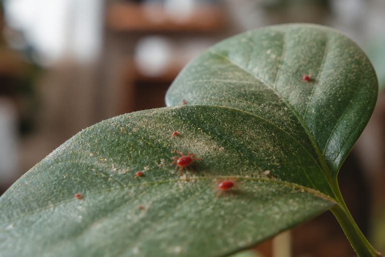 Imagem mostrando ácaros e aranha-vermelha em plantas em ambiente interno.