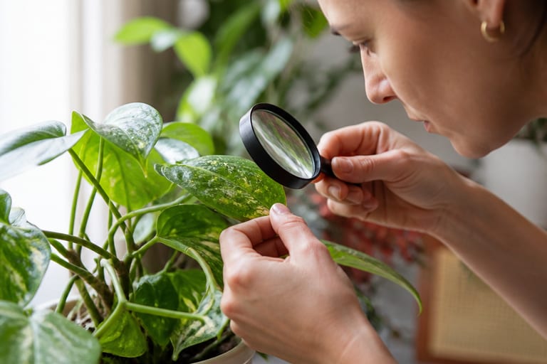 Imagem mostrando sinais de ácaros e aranha-vermelha em folhas de plantas, com detalhes visíveis das pragas.
