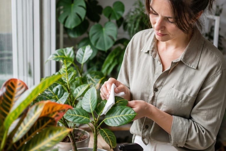Imagem mostrando folhas de plantas com ácaros e aranha-vermelha visíveis, destacando a importância da prevenção.