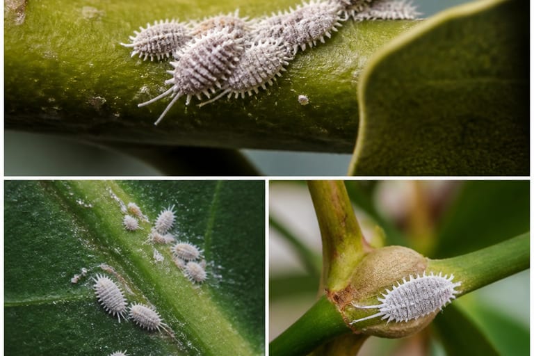 Imagem de diferentes tipos de cochonilha em plantas de interior.