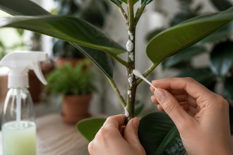 Imagem de cochonilhas em plantas, mostrando sinais de infestação.