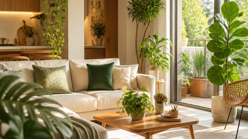 Apartamento iluminado com plantas saudáveis em destaque.